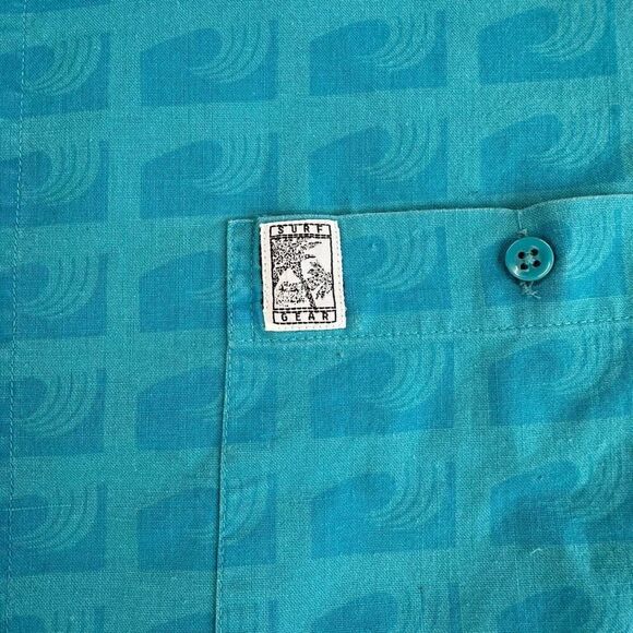 Vintage SURF GEAR Shirt Mens Large Blue Wave Pattern SS Camp Button Up - Picture 9 of 10